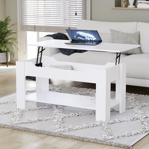 Vida Designs Lift Up Coffee Table with Storage 100 (L) x 48 (W) x 48–60 (H) cm - Wooden Table with Hidden Compartment & Shelf - Multi-Functional Living Room Furniture for Home Office or Dining - White