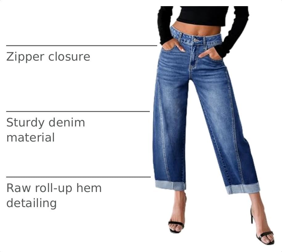 Image of Sidefeel Barrel Jeans for Women High Waisted Wide Leg Baggy Stretchy Trendy Raw Rolled Hem Capri Cropped Ankle Denim Pants