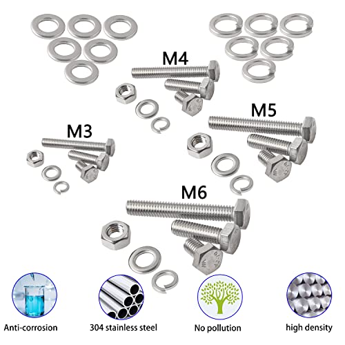 newlng 520pcs Hexagonal Screws M3 M4 M5 M6 Stainless Steel 304 with DIN 933 Bolt Nuts Washers Sealing Ring Washers Hexagonal Machine Screws Set - Image 4