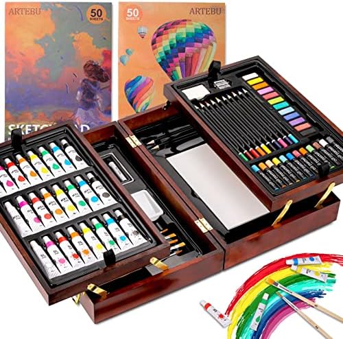 Art Supplies, 85 Piece Wooden Art Set Painting Supplies with Watercolor Powder, Oil Pastels, Colored Pencils, Watercolor Paint, Portable Gift for Kids Beginners and Artists