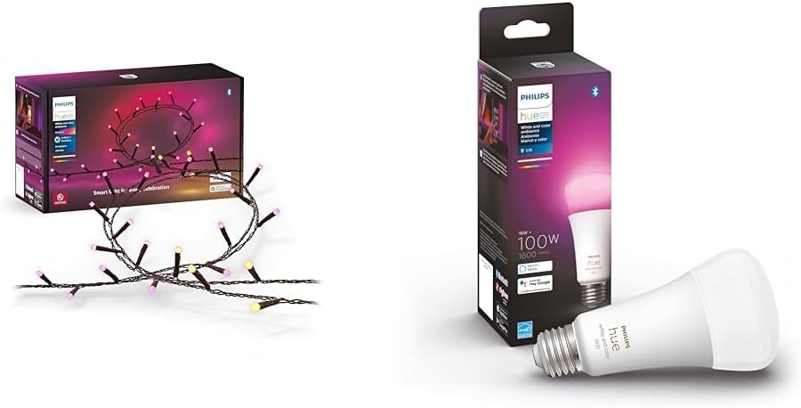 Philips Hue Decoración para interiores y exteriores Cadena de luces Festavia de 65 pies y bombilla LED inteligente A21 de 100 W - Luz blanca y de color que cambia de color