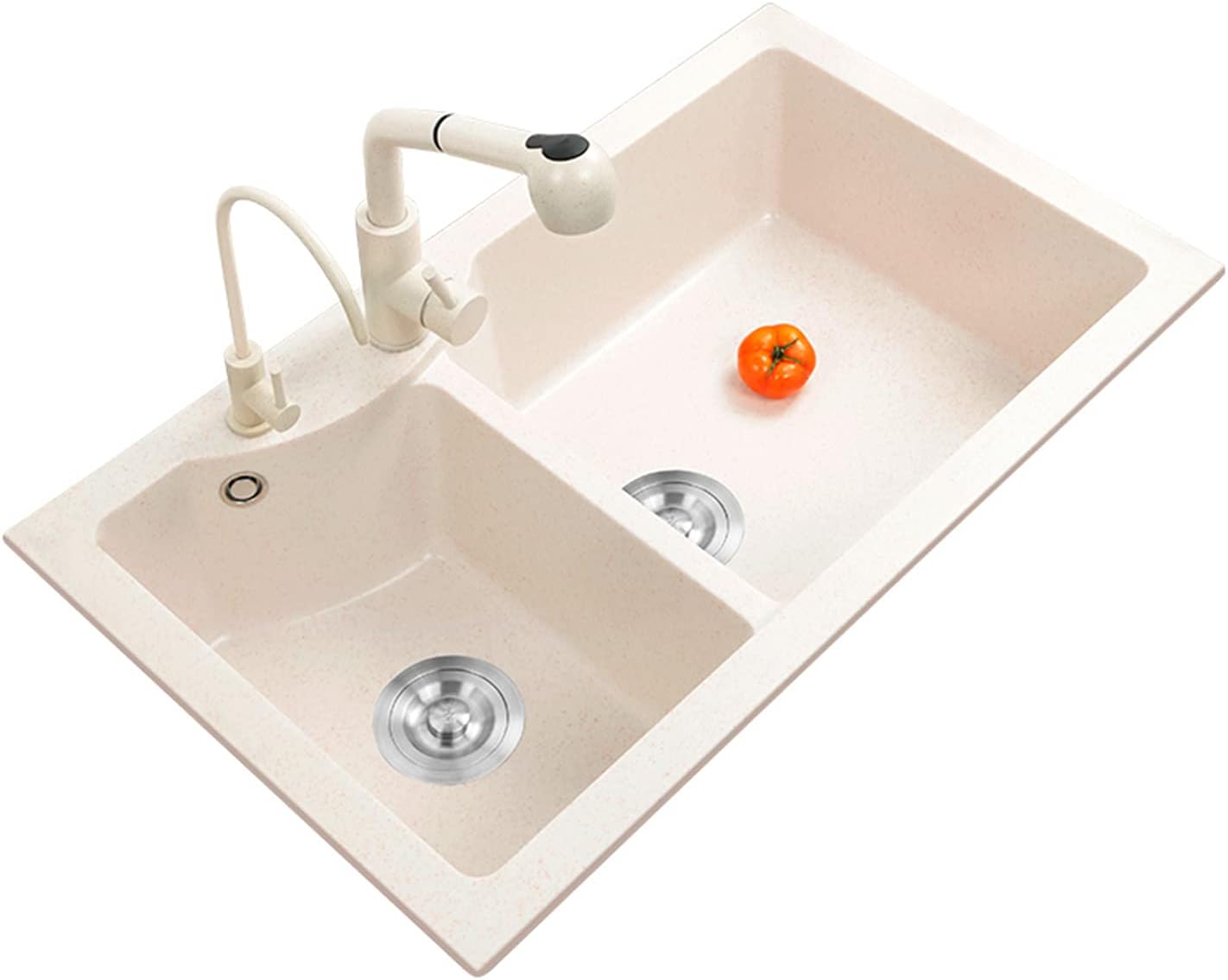 Granite Double Bowl Large Sink, Under-bar-mounted 34-inch Sink In The Restaurant, with Drain Set, Soap Dispenser (B) (A)