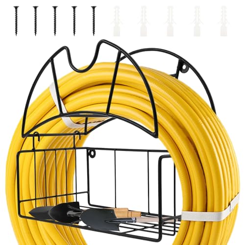 Gartenschlauchhalter Kohlenstoffstahl Schlauchhalter Wand mit Werkzeugkorb Robuster Hohe Tragkraft Wasserschlauchhalter Schlauchständer für Garten Terrasse Garage Outdoor