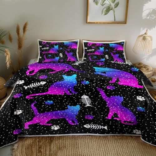 Sleepwish Purple Cat Fishbone Print Quilt Set Soft Lightweight Bed Set Black Bedspread 3pcs for Kids Teens Girls with 1 Quilt and 2 Pillow Covers (Full)