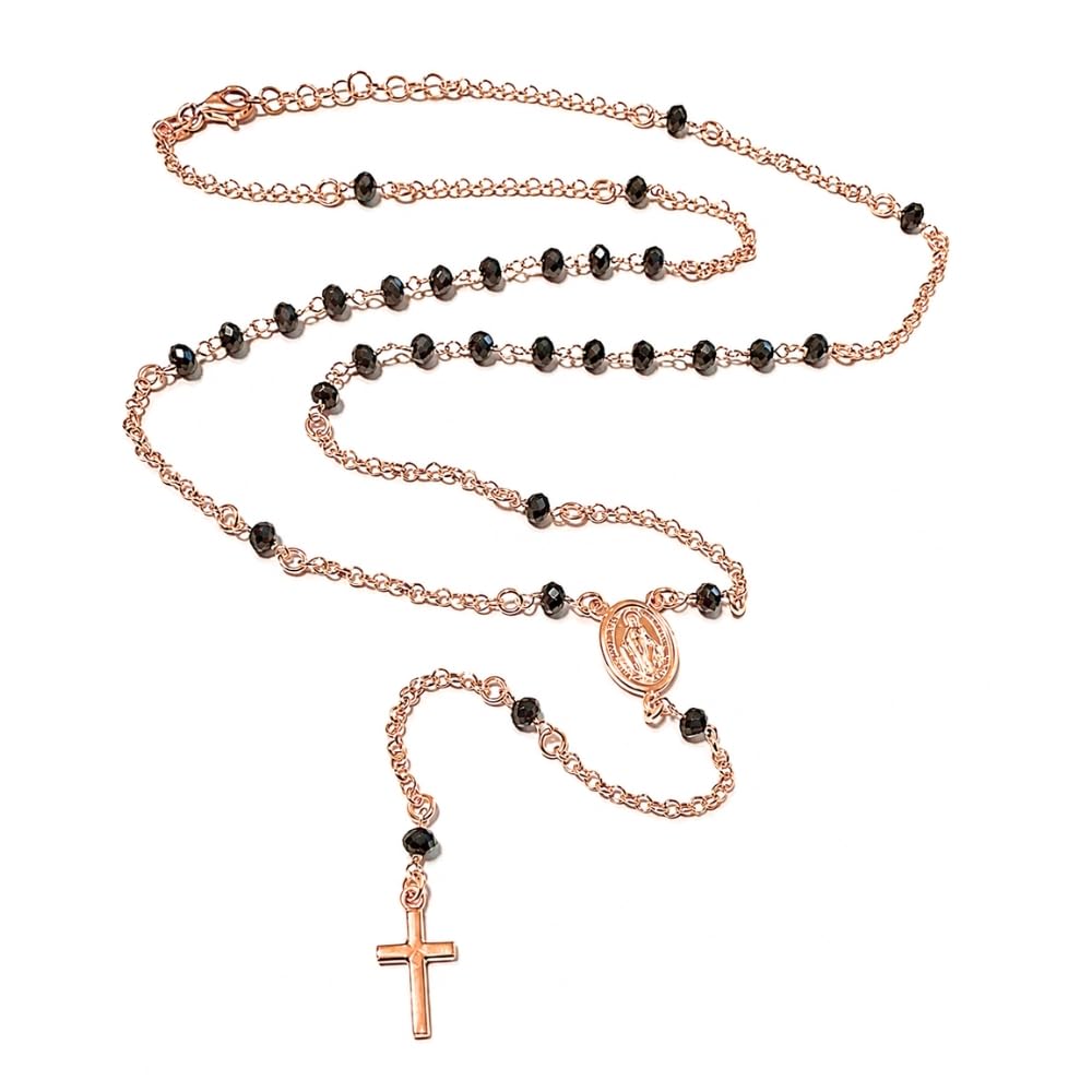 Collana Rosario Uomo Donna in Argento 925 Ramato con Postine e Grani Neri Sfaccettati – Collana Religiosa Cattolica Cristiana di Fede – Gioiello Elegante cll1018