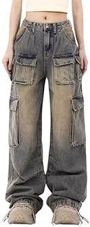 Women's Cargo Pants Low Waist Baggy Jeans Pocket Wide Leg Casual Trendy Streetwear Grunge Emo Clothes