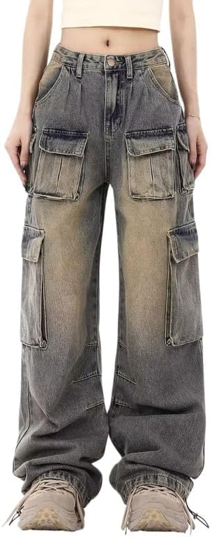 Women's Cargo Pants Low Waist Baggy Jeans Pocket Wide Leg Casual Trendy Streetwear Grunge Emo Clothes