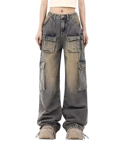 Lafaguw Women's Blue 2 Low Waist Baggy Cargo Pants - Pocket - Wide Leg - Casual - Trendy - Grunge Emo Streetwear, L