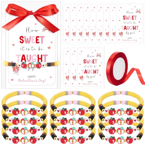Kenning 12 Sets Teacher Valentines Day Gift Bulk Included Elastic Clay Bracelets, Valentine's Day Cards, Clear Bags for Thank You Teachers Appreciation Gift(Sweet)