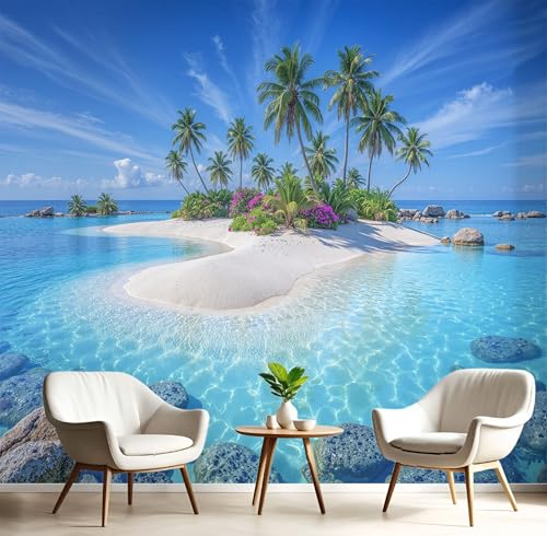 Papel Tapiz Fotográfico 98×70cm Islas Tropicales Naturales 3D Murales Papel Pintado Tejido No Tejido Póster Agua Mar Clara Fotomurales Para Salón Oficina Decoración de Pared Azul