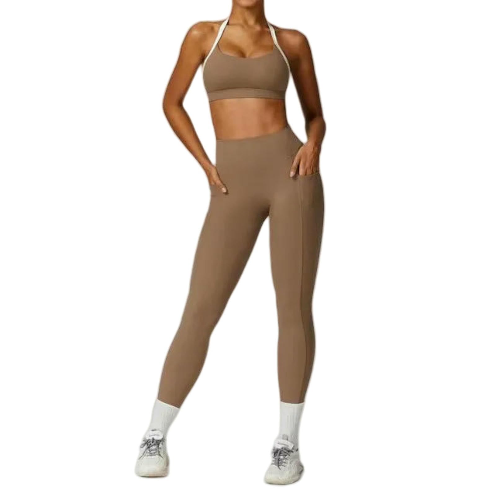 Shapewear zestaw do jogi, 2 sztuki, odzież sportowa, push up, odzież treningowa, dla sportowców, na siłownię, legginsy, biustonosz fitness, krótki top, długi brązowy_a-XL