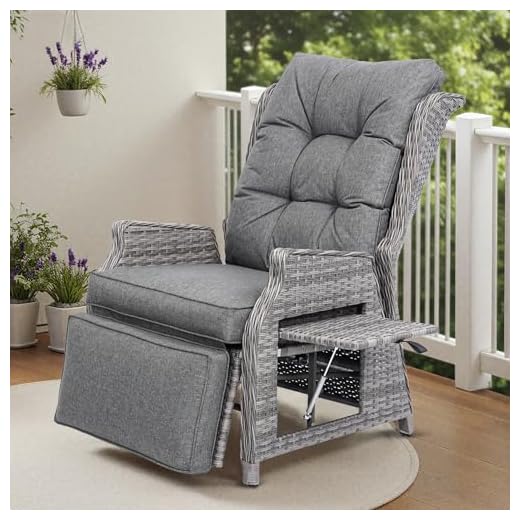 COMLAX FIELD Garden Recliner Chairs, Rattan Reclining Sunlounger with Thick Cushions, Adjustable Sun Lounger with Flip Table, Garden Conservatory Furniture, Dark Grey