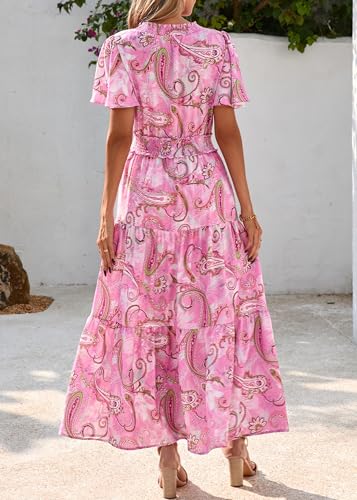KIRUNDO Floral Maxi Dresses for Women 2026 Spring Summer Wedding Guest Short Sleeve Smocked Waist Flowy Beach Vacation Dress(Light Pink, Small) — view 2
