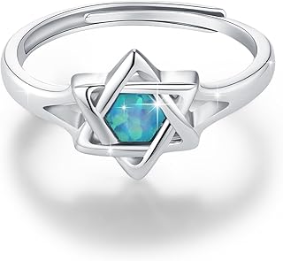 Star of David Opal Ring 925 Sterling Silver Adjustable Jewish Religious Jewelry Gifts for Women Men Hanukkah Anniversary Birthday