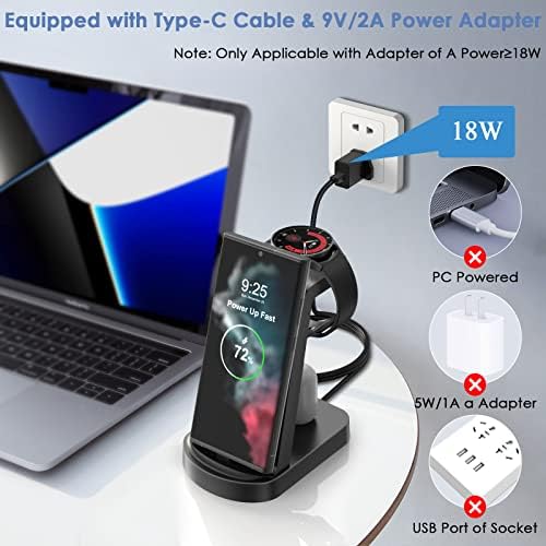 VCVS 18W 3-IN-1 Fast Wireless Charger compatible with Samsung Galaxy S23, S22, S21, S20, S10, S9, Z Flip, Z Fold, Note 20, 10, A51, A52, A53, Samsung Galaxy Watch 5, 4, 3, Active 2, 1, Galaxy Buds
