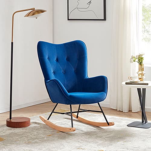 Belleze Mid Century Modern Rocking Chair, Upholstered Velvet Armchair With Tufted Buttons, Vintage Comfy Glider Chair For Living Room, Bedroom, Nursery - Finnegan (Blue) #TOP18