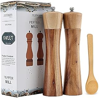 DigralneSalt and Pepper Mill, Adjustable Wooden Salt and Pepper Grinder Set, Manual Salt and Pepper Mill Shakers with Ceramic Core, 8 inch (2 PCS)