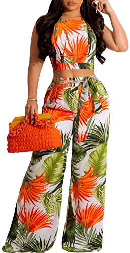 sexycherry Elegant 2 Piece Sets for Women Sexy Printing Crop Top Long Straight Pants Vacation Outfits Beach