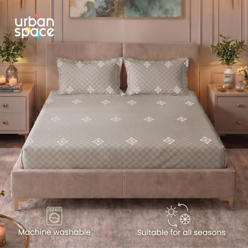 Image of Urban Space 100% Cotton 300TC Jacquard Embroidered bedsheets for King Size Bed, Pure Cotton King Bedsheet, Checks bedsheet King Size with 2 Pillow Covers (108 inch x 108 inch, Diamond Soft Brown)