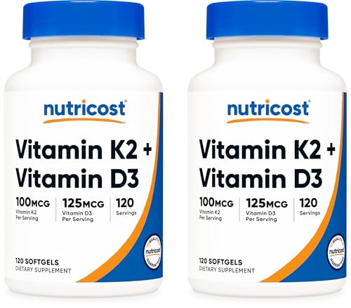 Nutricost Vitamin K2 (MK7) (100mcg) + Vitamin D3 (5000 IU) 120 Softgels - Gluten Free and Non-GMO (Pack of 2): retailer-supplied image