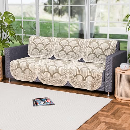 Image of Kuber Industries (Set of 6) Stylish & Durable Cotton Sofa Covers 3 Seater | Washable Sofa Protector /Mat | Suitable Slipcover for Living Room & Office | Rainbow Design - Cream