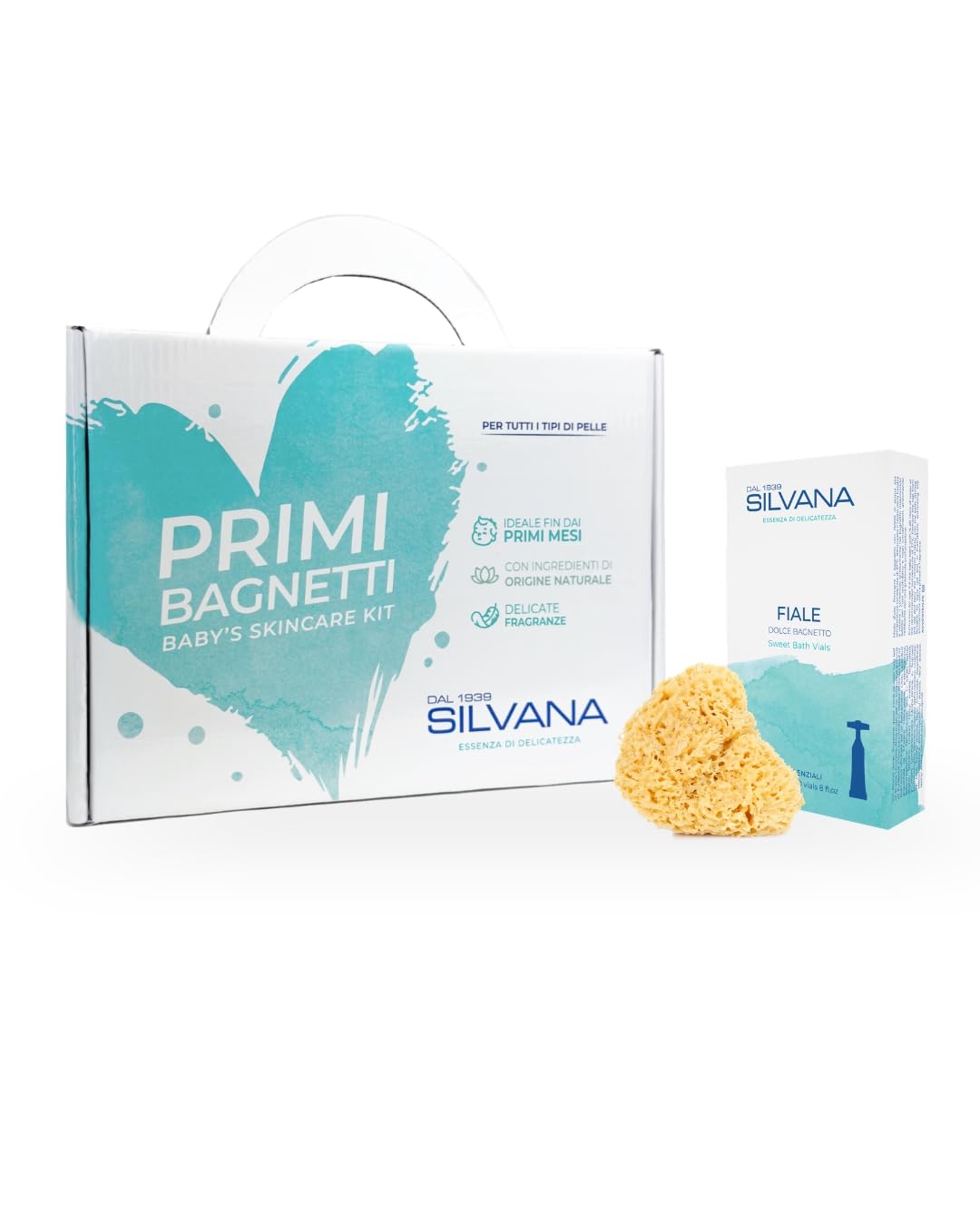Silvana Primi Bagnetti – Cofanetto Regalo Neonato con Fiale da Bagno e Spugna Marina Naturale – Kit Bagnetto Delicato per Neonati | Kit Bagnetto Neonato con Fiale da Bagno e Spugna Marina Naturale