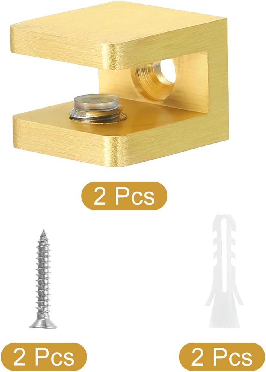 uxcell Glass Shelf Clamp, 2Pcs Brass Glass Clamp for 5-8mm Thick Glass, Adjustable Glass Shelf Bracket Support Holder, Gold