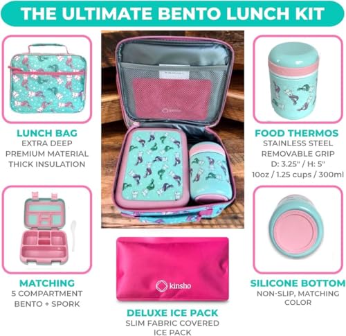 Image of Bento Box with Stainless Steel Food Thermo for Hot Food or Soup, Insulated Lunch Bag, and Ice Pack Set for Kids Girl Toddlers. Ages 3 to 7 Pink Aqua Cat Mermaid