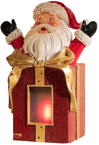 EHUOYAN Christmas Decorations Santa Claus Jumping Out Gift Box with USB Rechargeable LED Flame Light, Resin Santa Claus Statue Collectibles Xmas Indoor Holiday Table top Decor, Red