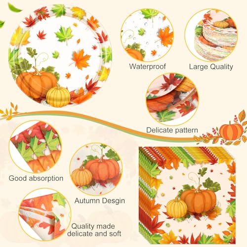 Image of Funnymoom 452 Pcs Thanksgiving Fall Party Decorations for 50, Pumpkin Maple Leaf Thanksgiving Paper Plates Napkins Cups Tablecloth Cutlery Straws for Harvest Autumn Birthday Holiday Party Supplies