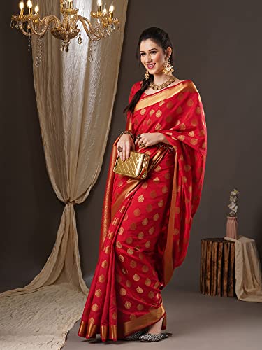 Image of AKHILAM Women's Floral Silk Blend Woven Design Saree With Unstitched Blouse Piece (Red 2RAWS9030 WBG)