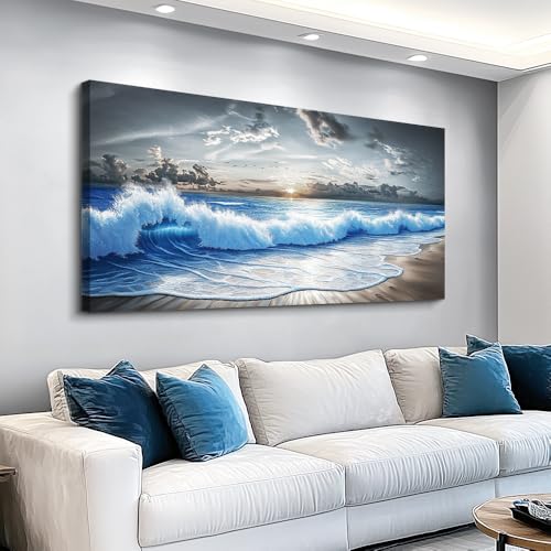 PHAOHUAXM Large Canvas Wall Decor For Living Room Wall Art For Bedroom Office Dining room Decor Modern Black White And Blue Ocean Wave Painting Printed Artworks Wall Pictures Home Decor 24"X48"