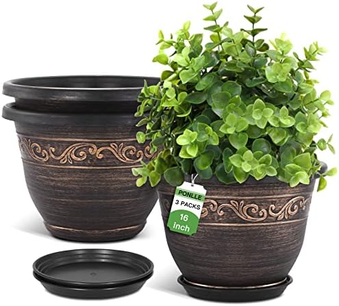 Plastic-Plant-Flower-Planters-16 Inch With Drainage Hole & Saucer, 3 Packs Lightweight Small Resin Flower Pot Indoor Outdoor, Retro Antique Imitation Decorative Garden Containers Sets For Houseplants