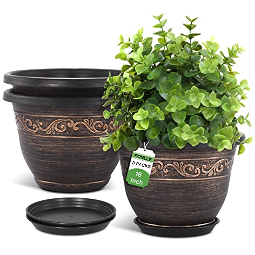 Plastic-Plant-Flower-Planters-16 Inch With Drainage Hole & Saucer, 3 Packs Lightweight Small Resin Flower Pot Indoor Outdoor, Retro Antique Imitation Decorative Garden Containers Sets For Houseplants #TOP3