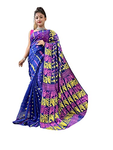Sari Dhakai Jamdani bleu pour vos mariages et soirées indiennes traditionnelles