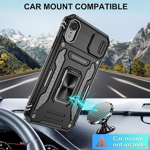 Jshru for iPhone XR Case with Screen Protector and Slide Camera Cover [Upgrade],iPhone XR Shockproof Phone Case with Ring Kickstand, Anti-Scratch Armour Phone Cover for iPhone XR,Black