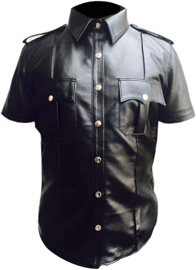 Mens wastern Leather Shirt, Mens Genuine Leather Police Uniform Trucker Shirt BLUF Gay Hot Wastern Leather Shirt