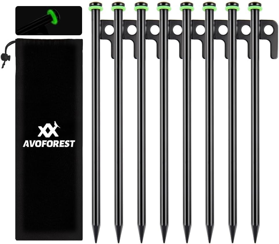 8-Inch Heavy-Duty Camping Tent Stakes with Fluorescent Rings & Bag