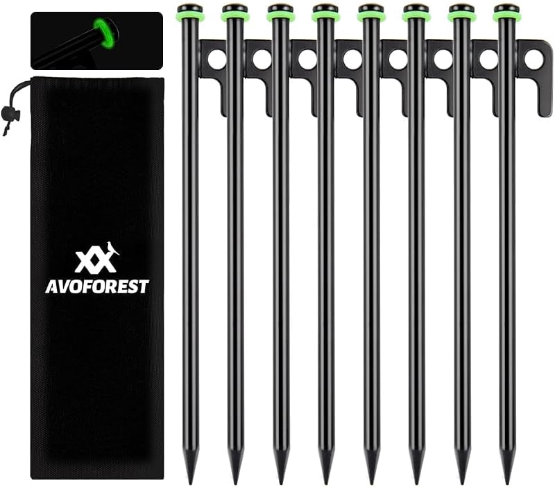 8Inch Heavy Duty Tent Stakes,8 PCS Tent Pegs Metal+Fluorescent Silicone Rings+ Storage Bag for Camping