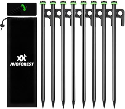 8Inch Heavy Duty Tent Stakes,8 PCS Tent Pegs Metal+Fluorescent Silicone Rings+ Storage Bag for Camping