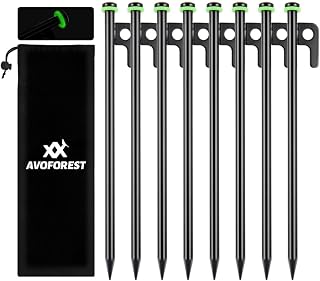 8Inch Heavy Duty Tent Stakes,8 PCS Tent Pegs Metal+Fluorescent Silicone Rings+ Storage Bag for Camping