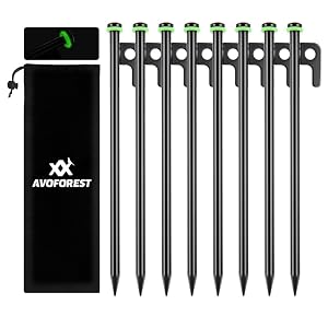 8Inch Heavy Duty Tent Stakes 8 PCS Tent Pegs Metal Fluorescent Silicone Rings Storage Bag for Camping