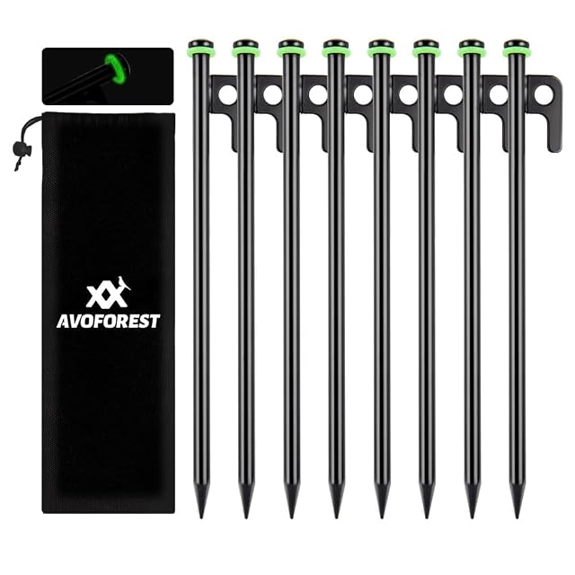 8Inch Heavy Duty Tent Stakes 8 PCS Tent Pegs Metal Fluorescent Silicone Rings Storage Bag for Camping