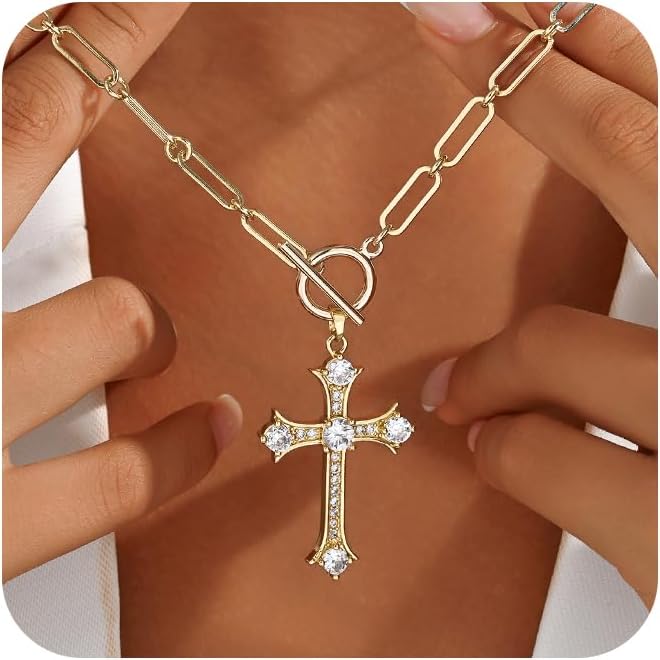 HERSIN Cross Pendant Necklaces for Women Trendy, 14K Dainty Gold Plated Paperclip Necklace for Womens Tarnish Free Toggle Clasp Chain Necklace Chunky Necklace Gold Jewelry for Women Gifts
