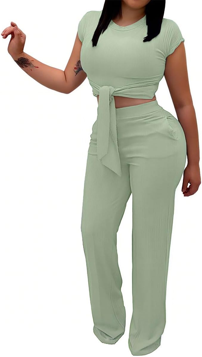 Two Piece Sets For Women Summer Sexy Tie Front Crop Top Wide Leg Pants Set Casual Tracksuit Ribbed 2 Piece Outfits