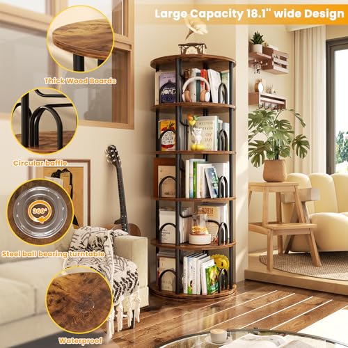 Aheaplus 5 Tier Rotating Bookshelf Tower, 360 Display Spinning Bookcase, Revolving Round Book Shelf Narrow Swivel Bookshelf, Vertical Turning Corner Book Organizer for Small Space, Rustic Brown by Aheaplus - Image 3
