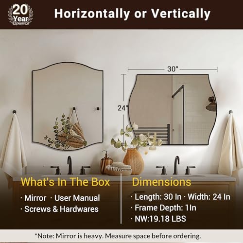 Image of ANDY STAR Black Bathroom Mirror, 20 inchx30 inch Scalloped Wall Mirror in Stainless Steel Metal Frame, Unique Vanity Mirror with Modern Curved Edge Design, Ideal for Bathroom, Bedroom, Entryway