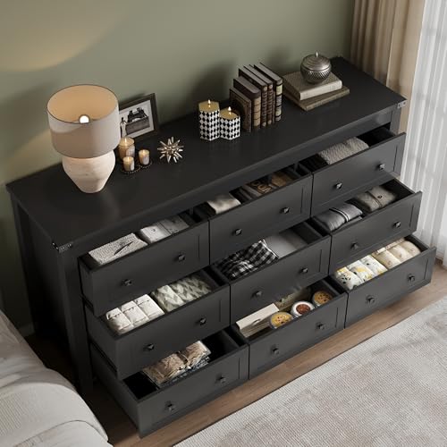 Image of BORNOON 9-Drawer Dresser, Modern Wooden Storage Chest of Drawers, Dresser TV Stand, Wood Drawer Organizer with Metal Handles for Bedroom, Living Room, Hallway
