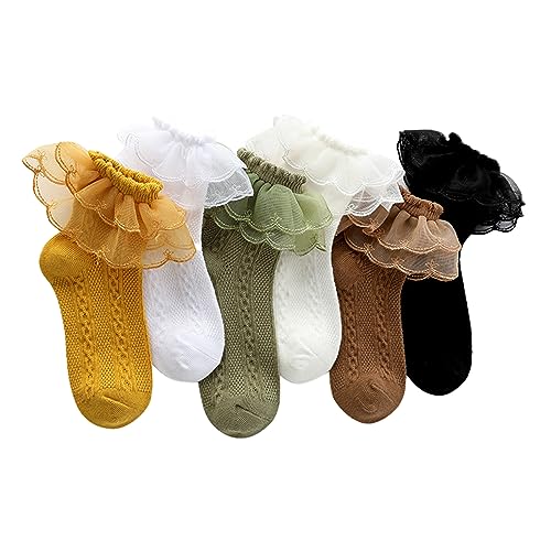 Ashmyova Girls Ruffle Lace Trim Cotton Socks Kids Girl Eyelet Frilly Comfortable Princess Style Dress Socks 6 Pairs