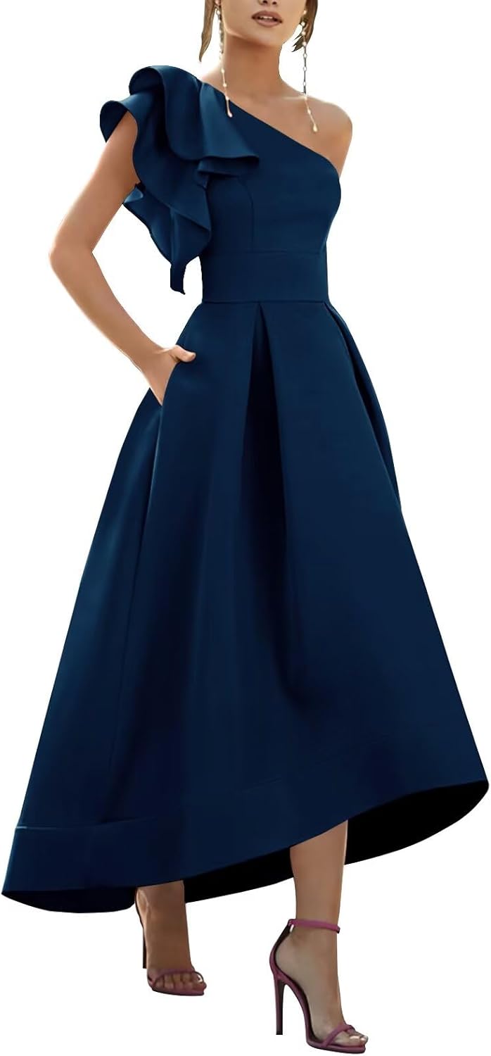 Bedlover Satin Prom Dresses 2025 Ruffle One Shoulder High-Low Formal Evening Party Gowns for Women